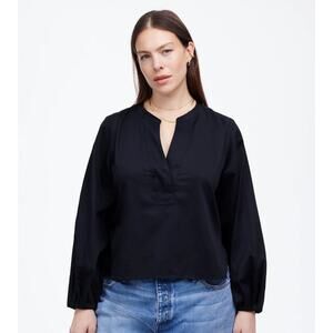 Madewell V-Neck Long-Sleeve Top SZ M Deep Indigo Pleated Sleeve Stretch Pullover